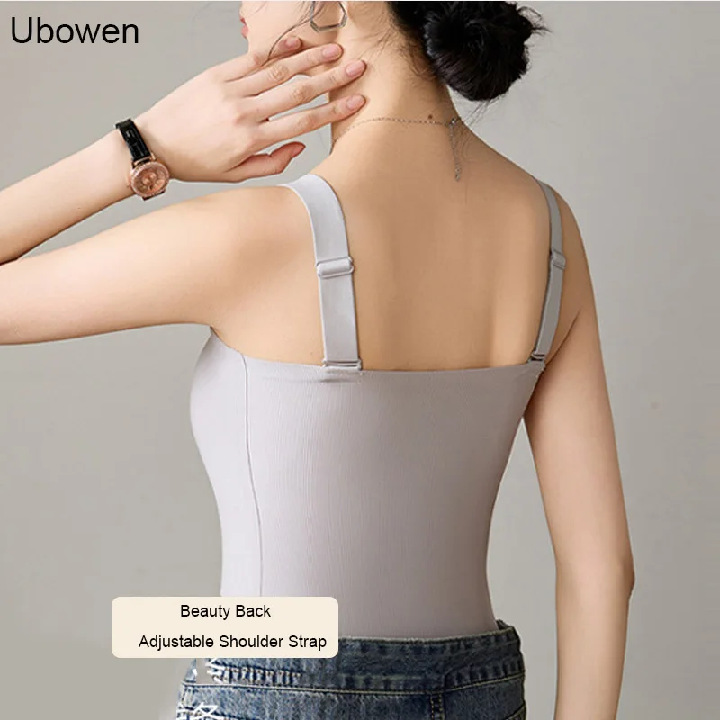 قميص قصير بدون أكمام ذو ملمس رائع حريري ثلجي مع حمالة صدر مدمجة للنساء لباس خارجي داخلي من الخلف قطع علوية بدون خياطة