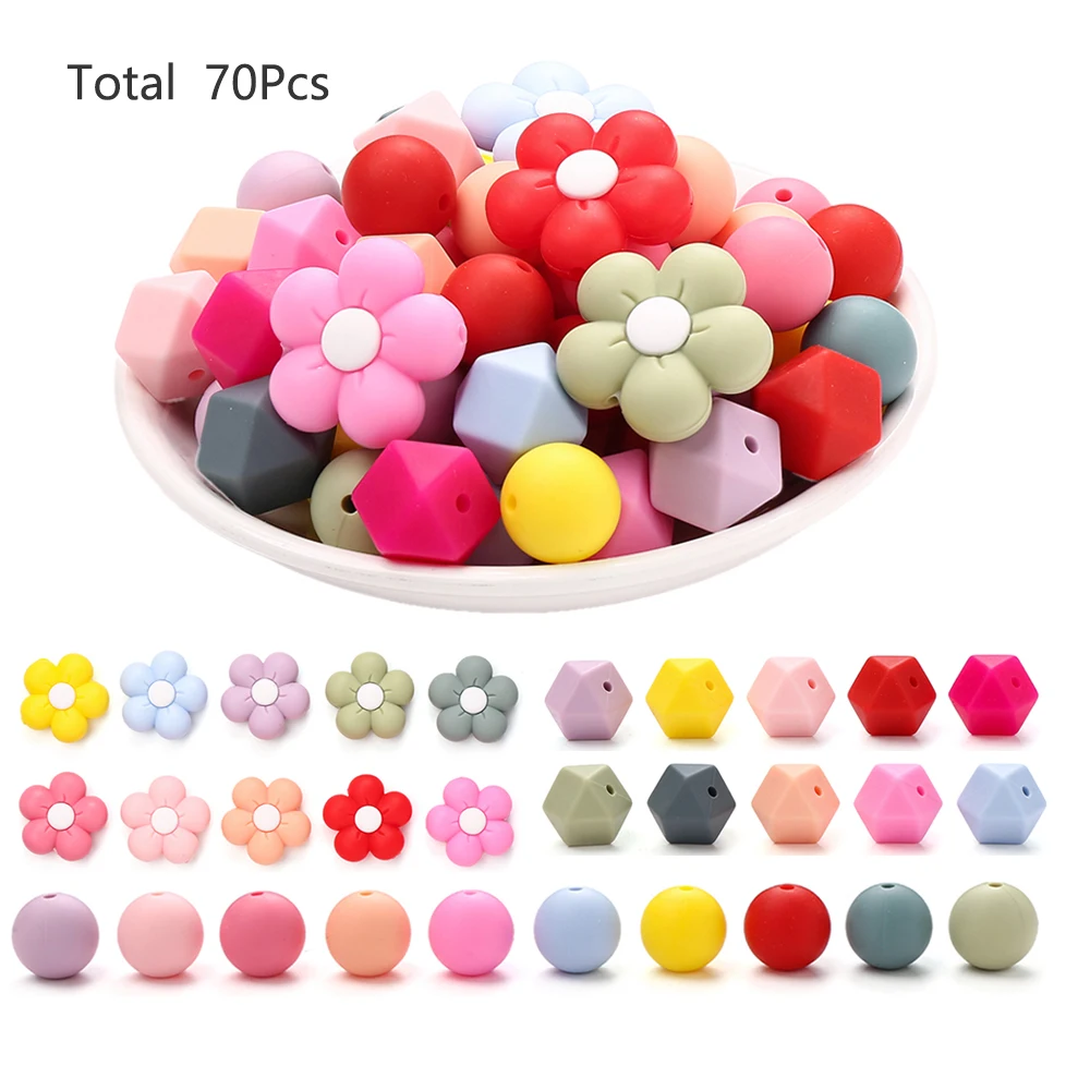 

70 шт., набор силиконовых бусин с ярким цветком, подарок для новорожденных, ожерелье на соски, ожерелье для прорезывания зубов, бусины, ожерелье, аксессуары