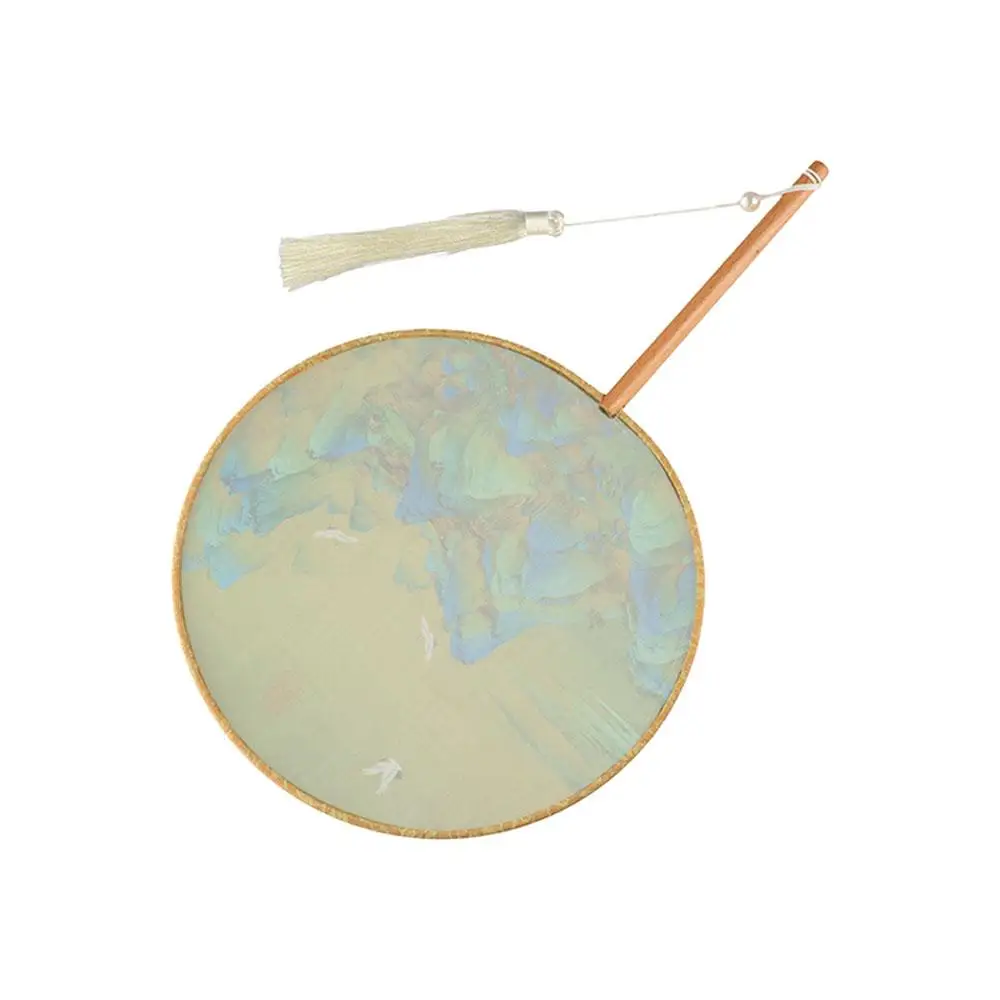 Non-Folding Silk Cloth Wooden Handle Hand Fan Tassel Translucent Round Fan Chinese Style Retro Pattern Silk Fan Ladies Women