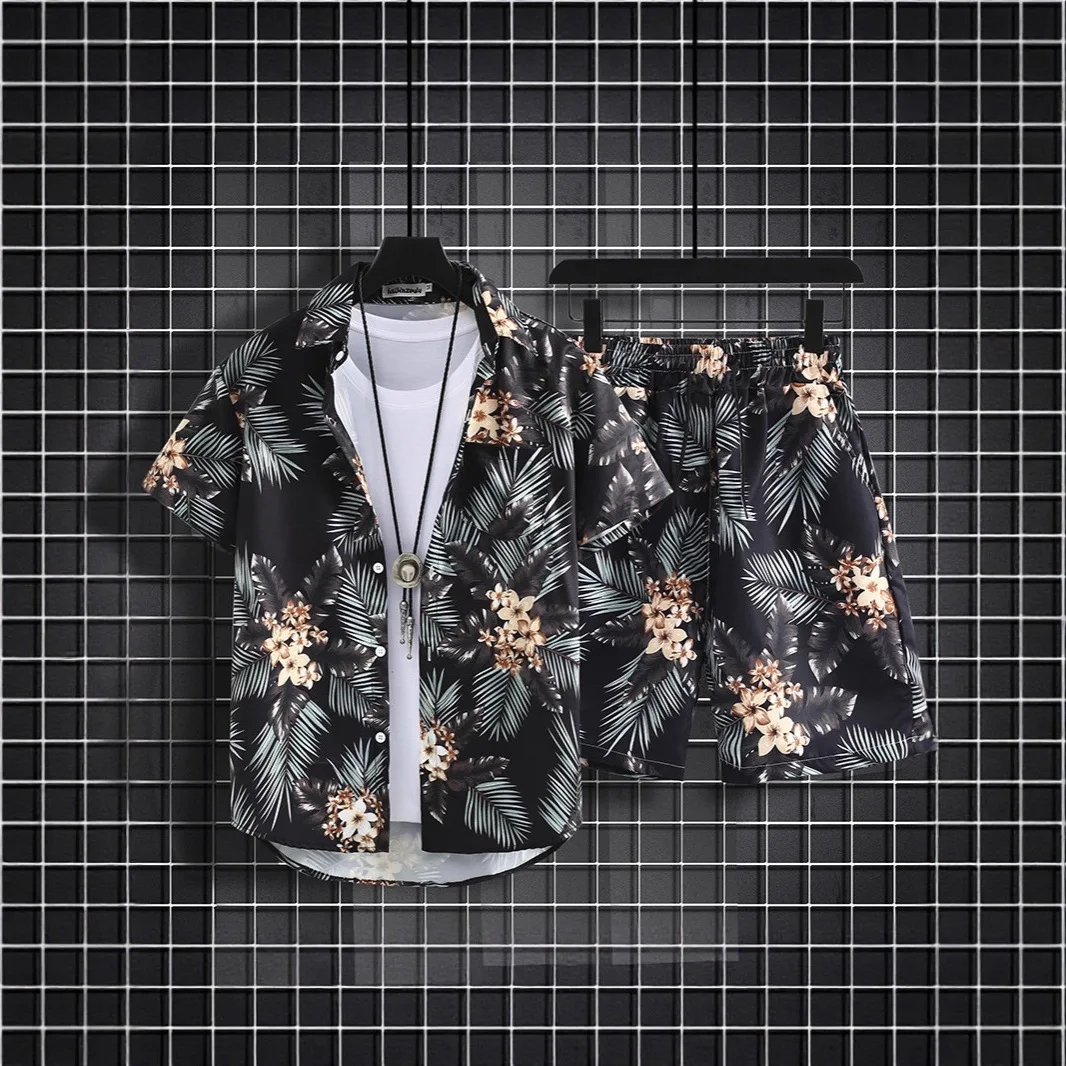 Fashion Youthful Hawaii beach flowers plants 3D Print shirt +Shorts Short Sleeve Flip collar shirts half pants Two Piece Set