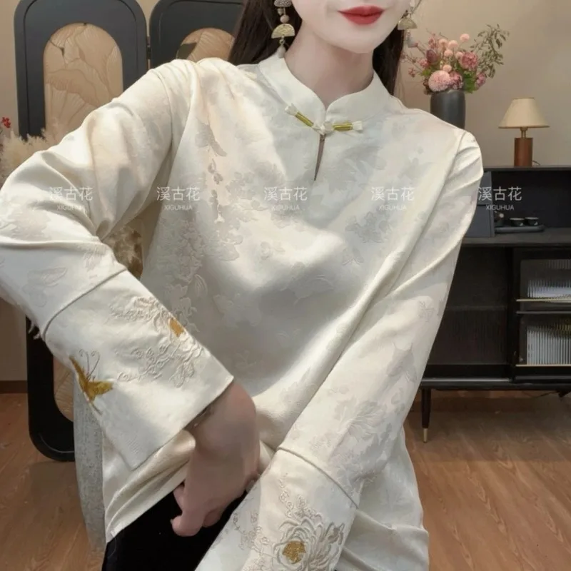 Nowy chiński styl 2025 Nowa jesienna koszula z długim rękawem w stylu retro, narodowym, żakardowa, ze stójką, uniwersalna