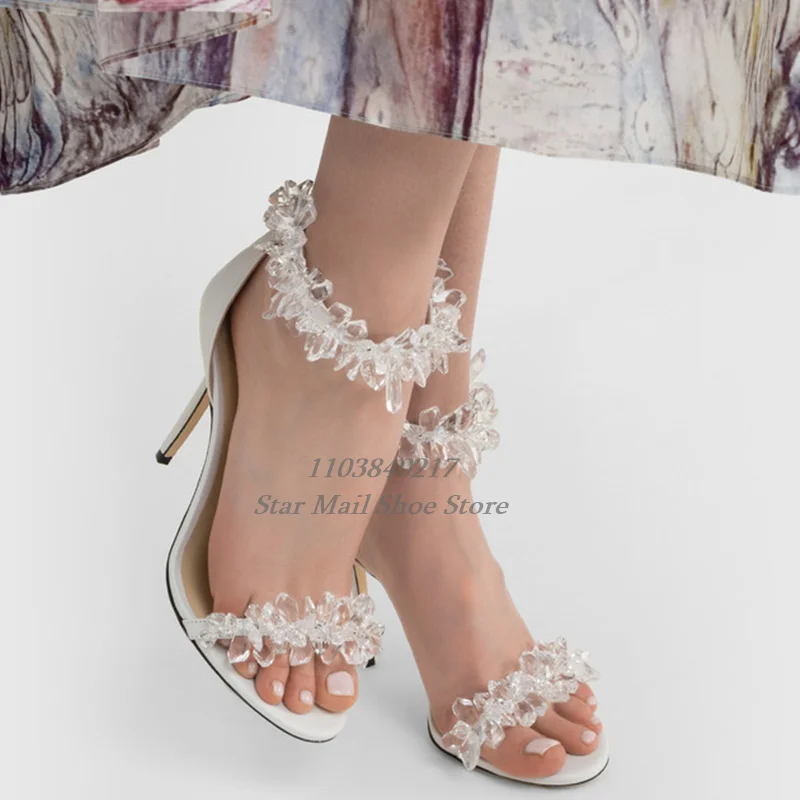 

Open Round Toe Clear Crystal One Strap Sandals Crystal-Cluster Ankle-Cuff and Strap Embellishment Back Zip Fastening Stilettos