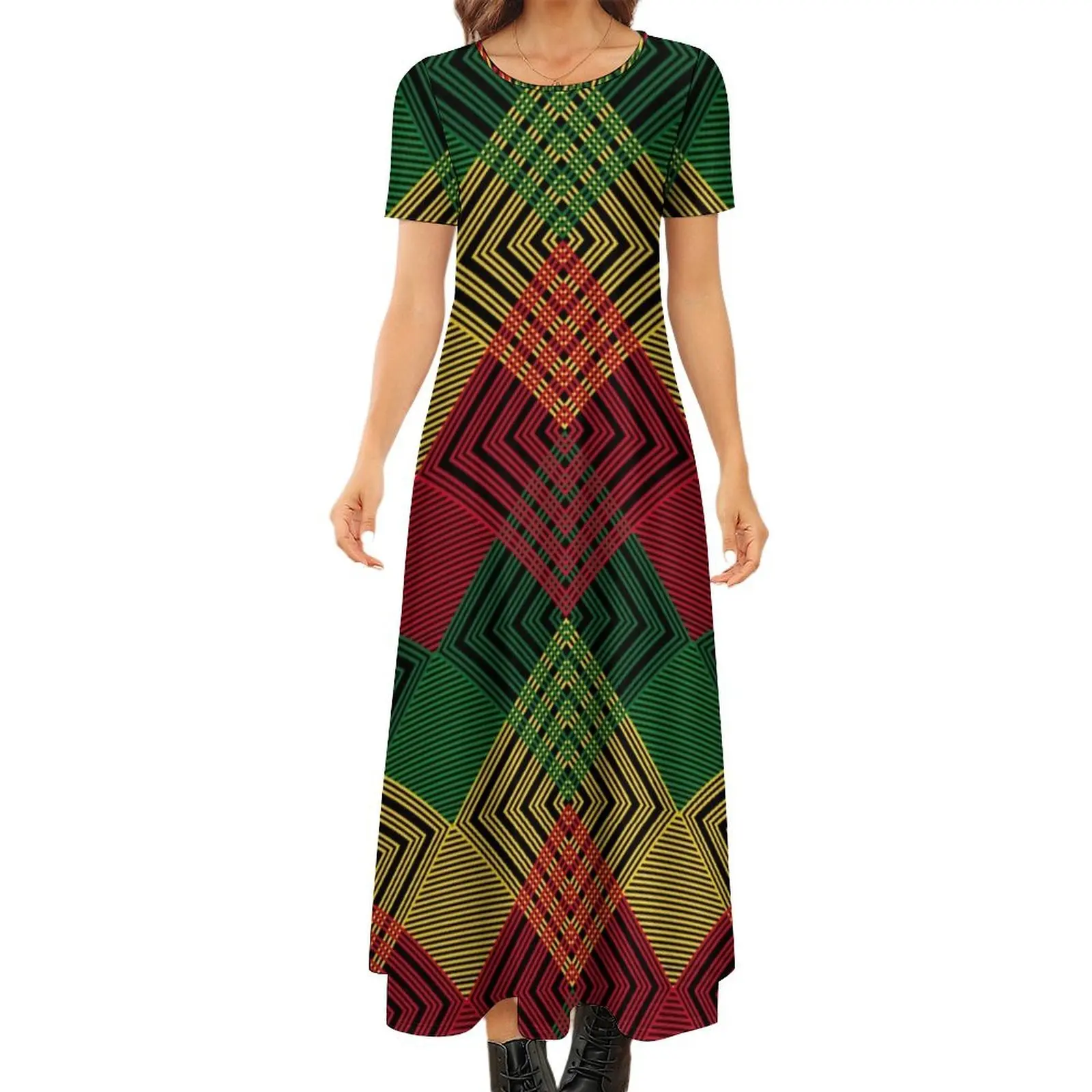 

Green, Yellow and Red lines v2 Round Neck Short Sleeve Dress Long dress long dress women cocktail dresses Beachwear