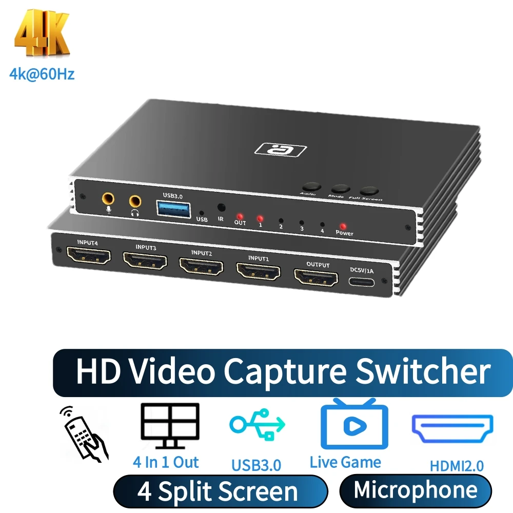 HDMI2.0 Video Capture Card USB3.0 4 In 1 Out Switcher Audio Separator Mic Recorder Game To PC With Remote Control