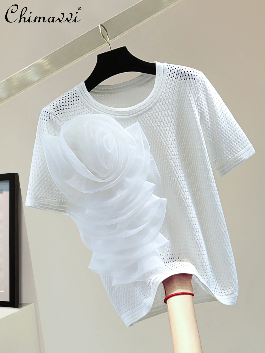 

Heavy Embroidery Ice Silk T-shirt Summer Korean Fashion Loose Slim Solid Color Hollow-out Short Sleeve Round Neck Knitted Top