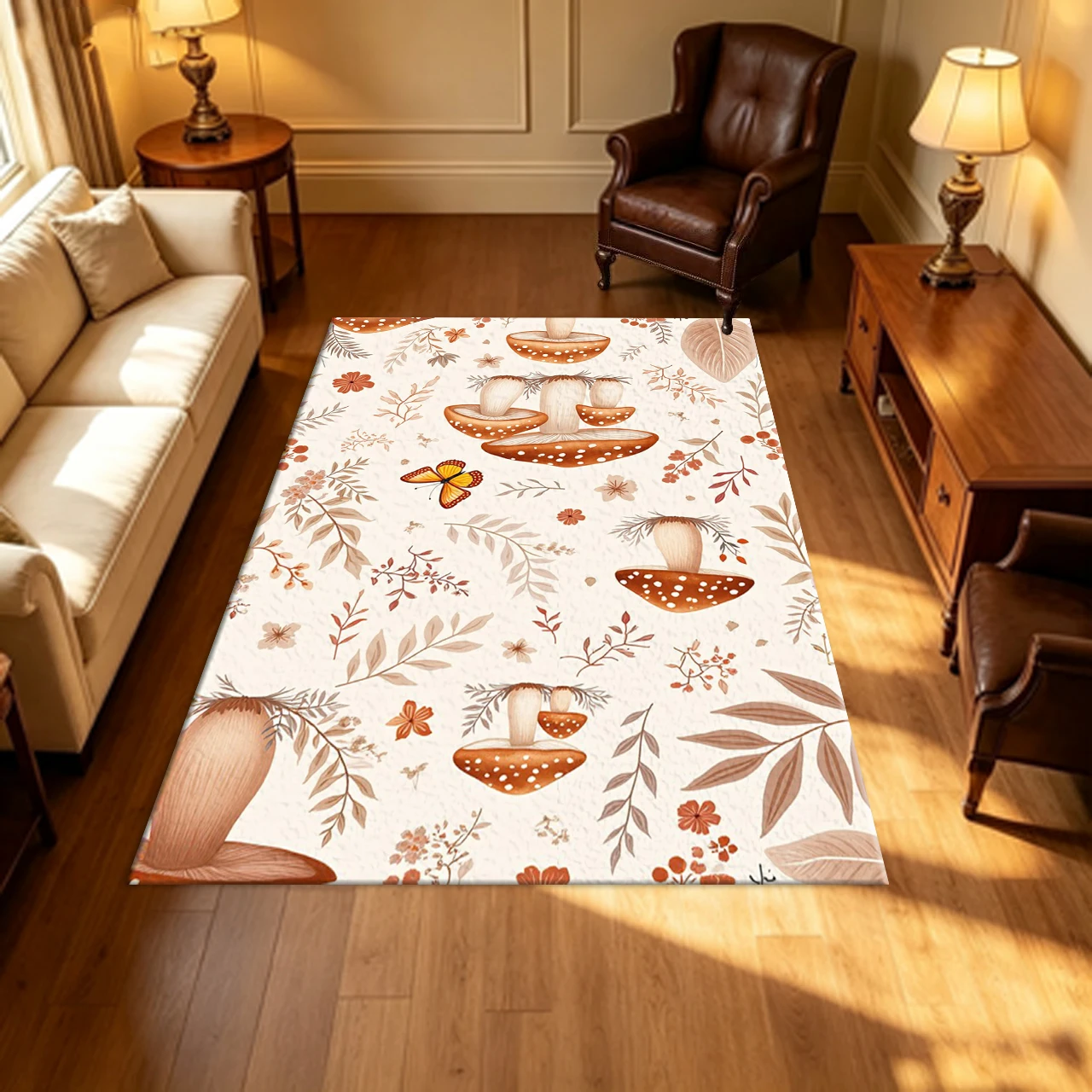 Vintage Forest Mushroom Butterfly Carpet Flooring Retro Botanic Floral Print Household Living Bedroom Area Rug Indoor Floor Mat