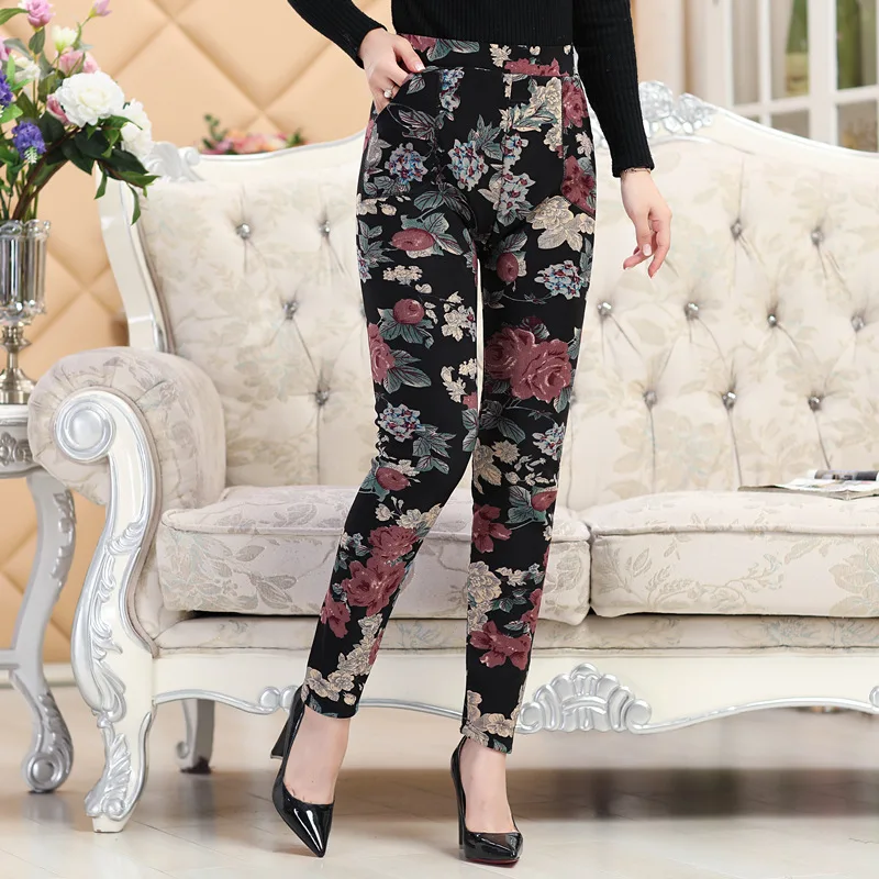 New arrival Plus velvet  Leggings Women Autumn and Winter Plus-Size   Print Flower Warm Mother Pants