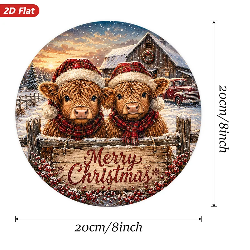 2D Flat, 1pc Festive Highland Cows Round Metal Sign Wall Art, Merry Christmas Text, Cows In Santa Hats, Rustic Barn Scene, Home