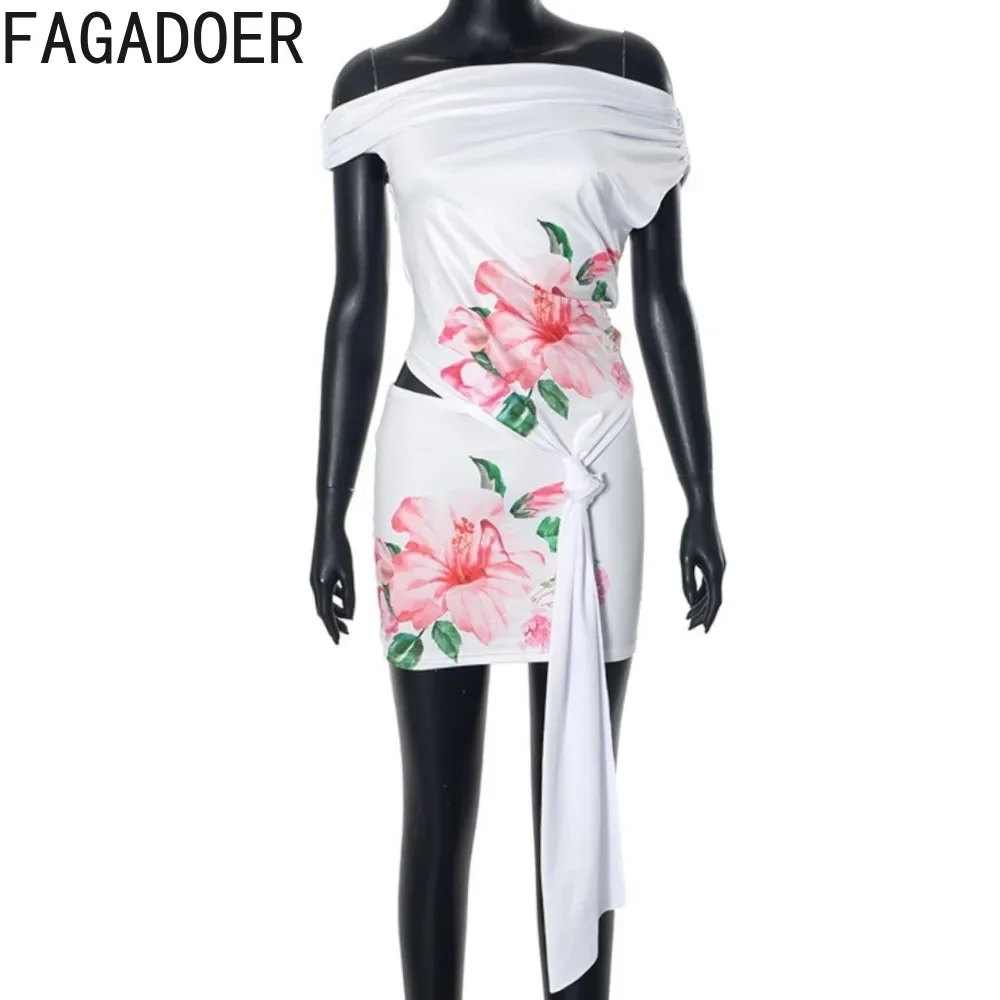 FAGADOER Fashion Flower Print Bodycon Mini Skirts Two Piece Sets For Women Off Shoulder Short Sleeve Slim Top And Skirts Outfits