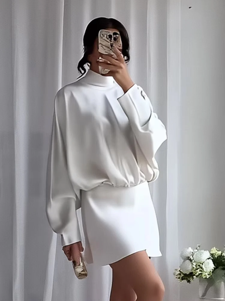 HH femme élégante Mini robe soie Satin Texture à manches longues col roulé avec écharpe solide fête mode Vintage robe Sexy Mujer