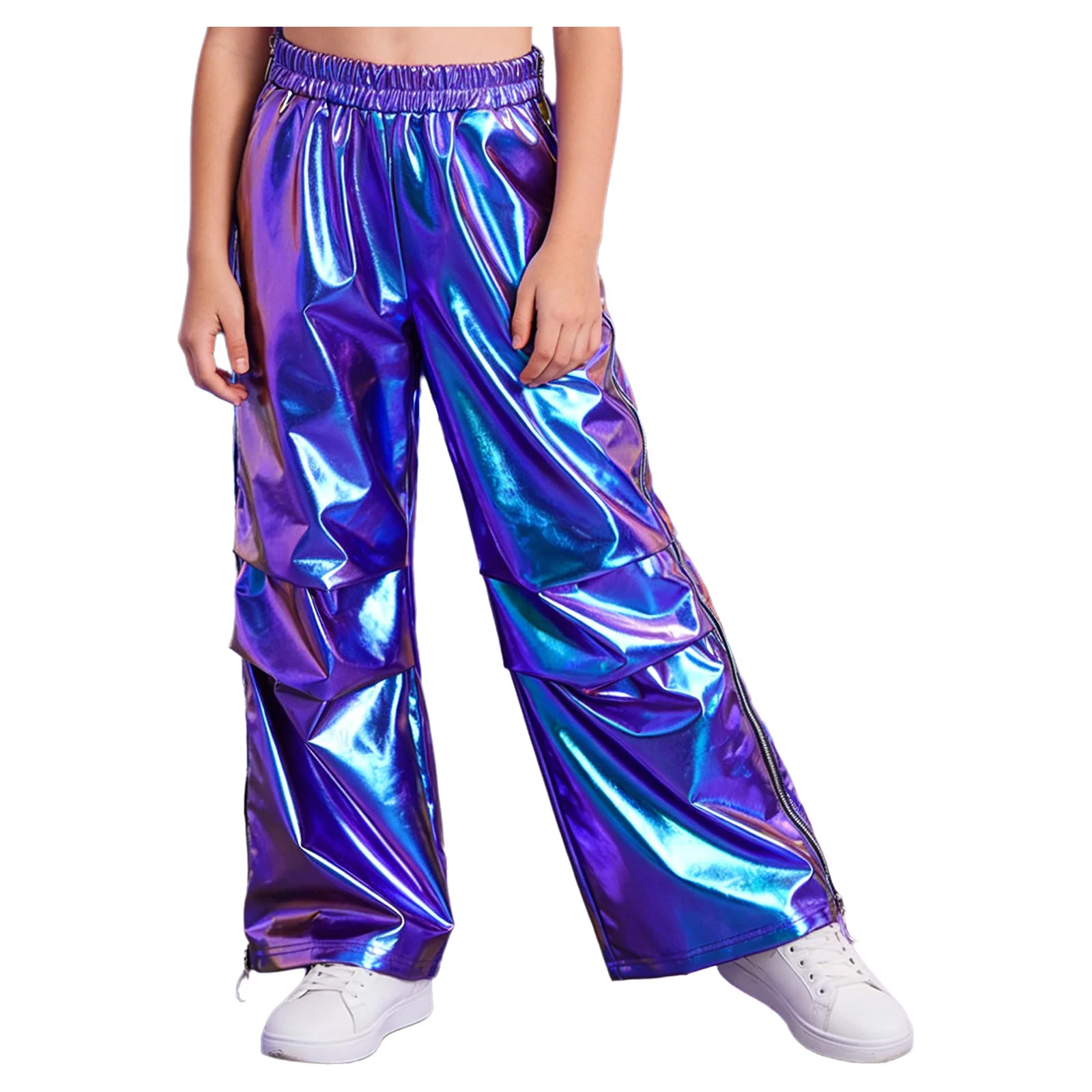 

Детский танцевальный костюм в стиле хип-хоп для девочек и мальчиков, блестящие металлические многослойные брюки, съемные брюки с боковой молнией, одежда для уличных танцев в стиле джаз