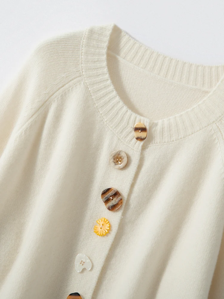 2024 New Spring Autumn Women Sweater O-neck French Style Colorful Buttons Cardigan 100% Cashmere Knitwear Korean Popular Cloth