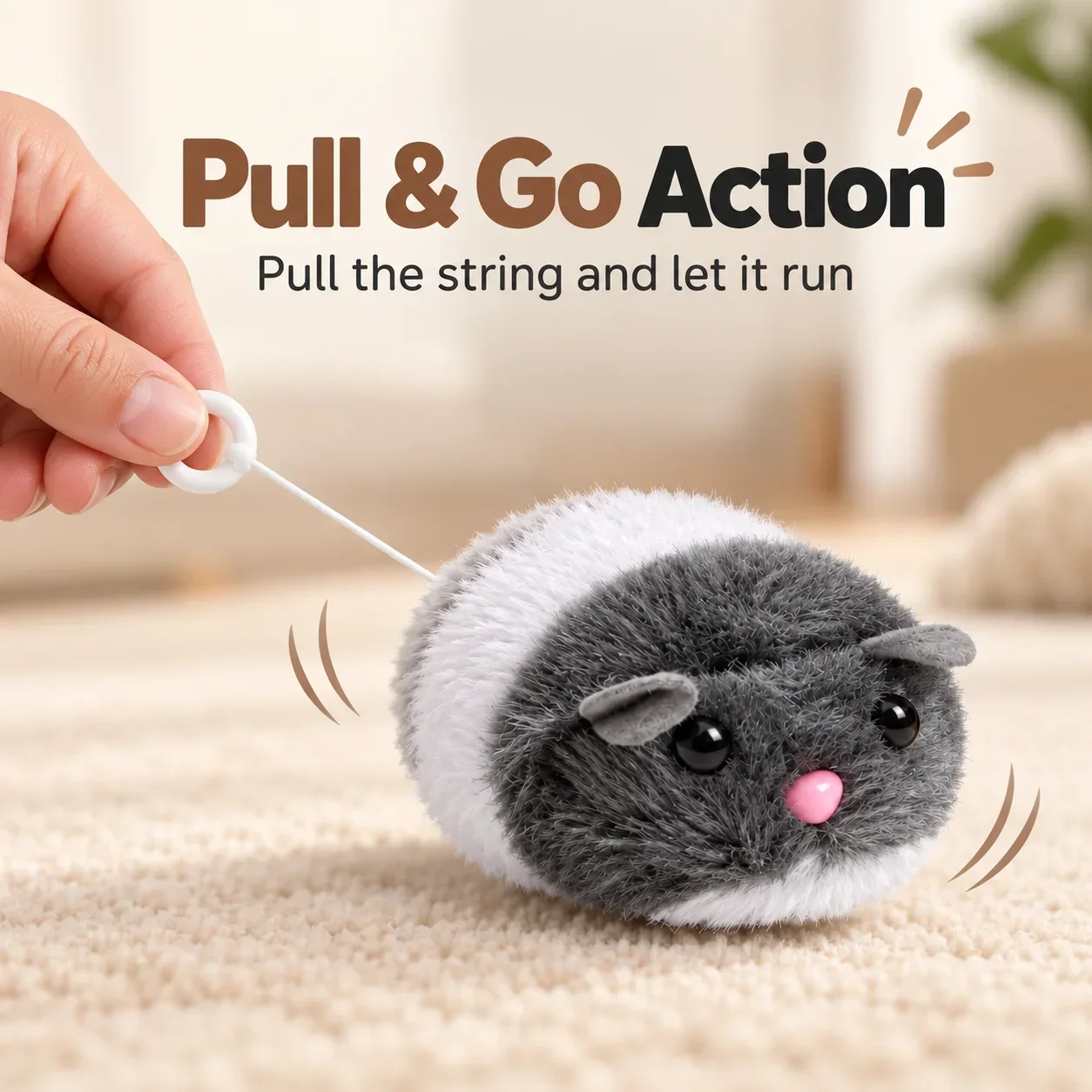 Pull Rope Mouse Cat Toy, Striped Plush Design with Vibration and Squeaker, Interactive Tug Toy for Boredom Relief