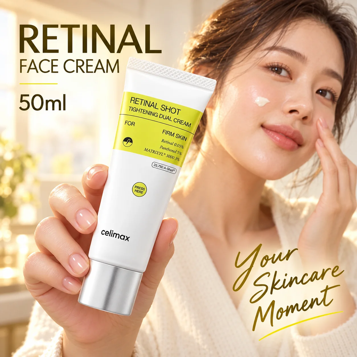 Retinal Face Cream 50ml With Panthenol In A Capped Tube For Facial Care Routines With A Dual Cream Formula And Press Packaging