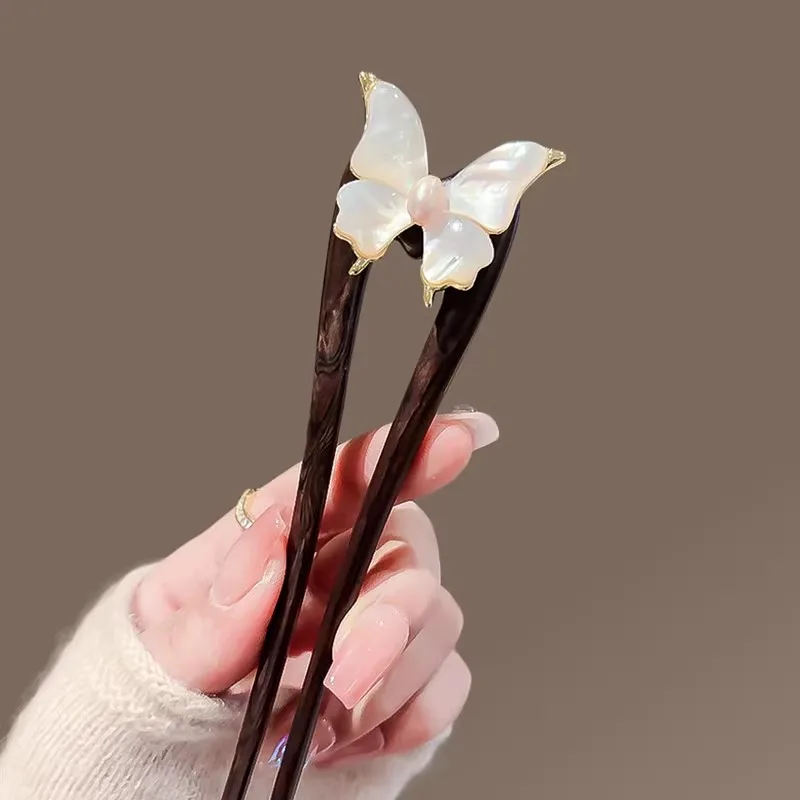 Chinese Style Ebony Hair Stick Mother Of Pearl Butterfly Decor Minimalist Elegant Hairpin For Women Daily Hair Bun Styling Retro