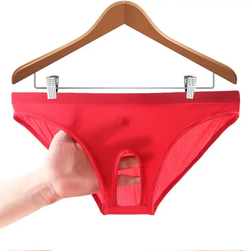 Men's Underwear Sexy Ultra-Thin Ice Silk Underwear Exposed Crotch Low Waist Briefs Mens Sissy Panties Gay Penis Pouch Lingerie
