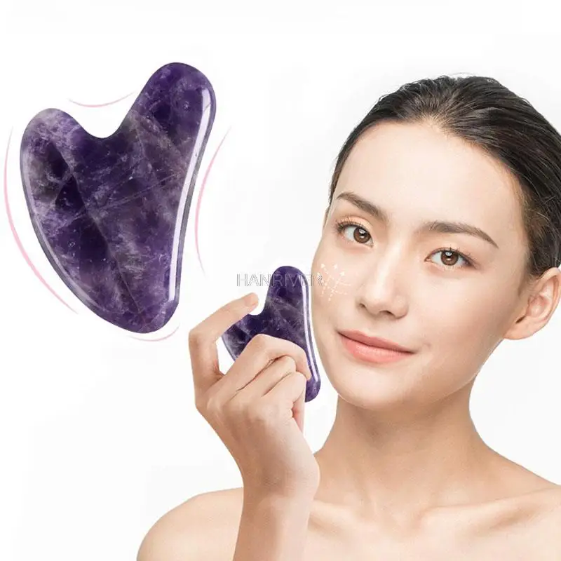 천연 자수정 괄사 스톤 보드 마사지 괄사 플레이트 얼굴 마사지기 스크래퍼 도구 얼굴 등 목 피부 리프팅 슬리밍