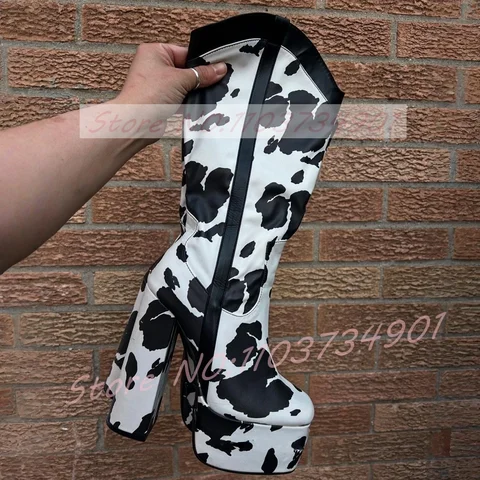 Cow Print Platform Western Boots Women Retro Leopard Round Toe Knee Boots Cowgirl Trendy Chic Party Chunky Heels Boots