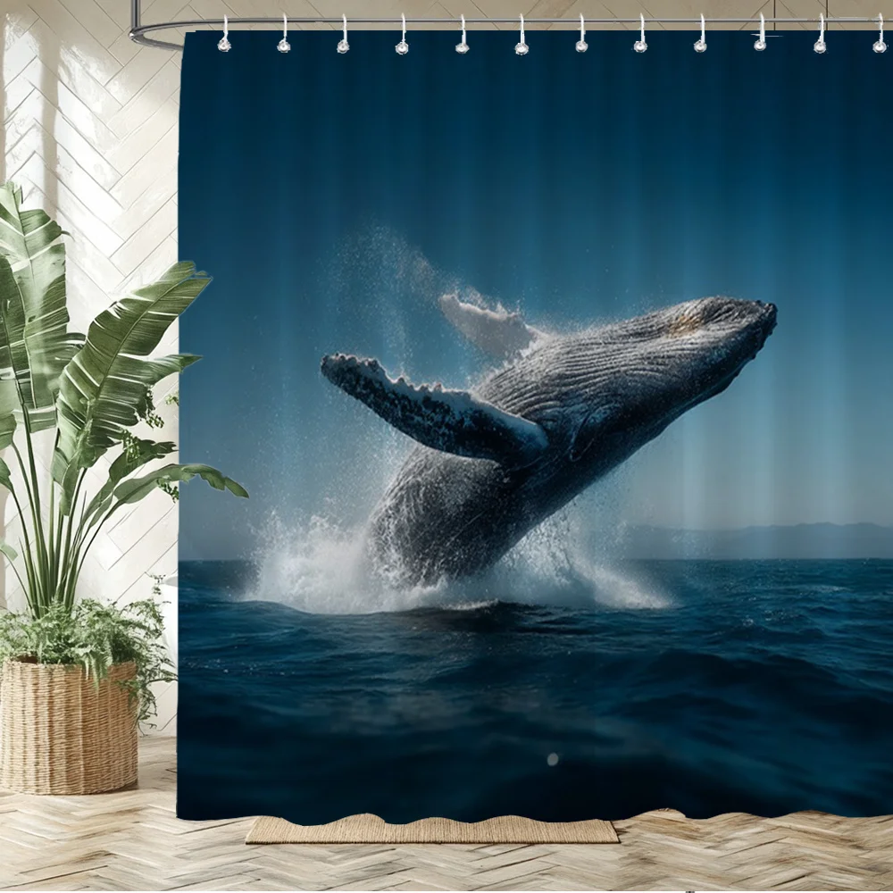 Humpback Whale Breaching Shower Curtain – Realistic Ocean Scene, Deep Blue Water, 12 Hooks, 70.87×70.87 inch