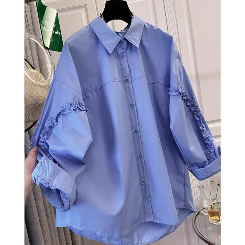 2025 Autumn New Simplicity Elegant Buttons Turn-down Collar Long Sleeve Blouse Female All-match Pleated Loose Women's Shirt Tops