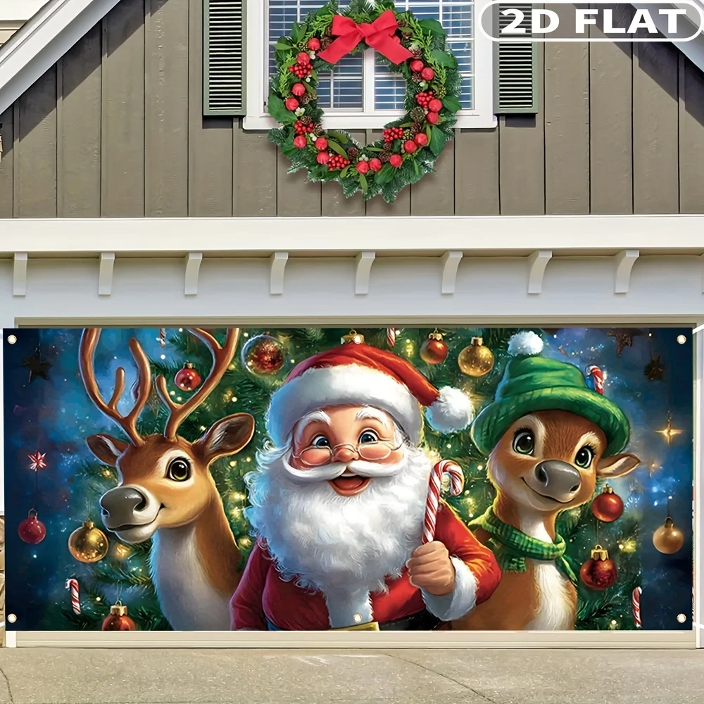 قطعة واحدة من لافتة عيد الميلاد الكبيرة المسطحة ثنائية الأبعاد، لافتة باب جراج عيد الميلاد - تصميم سانتا والرنة، لافتة غطاء بوليستر مقاس 157 × 71 بوصة #4