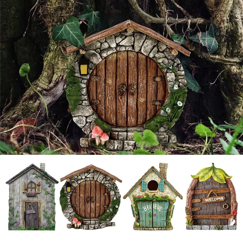 

Yard Art Wooden Engraved Design Lawn Ornament Decoration Fairy Door Miniature Fairy Gnome Windows Door Figurines Garden Decor