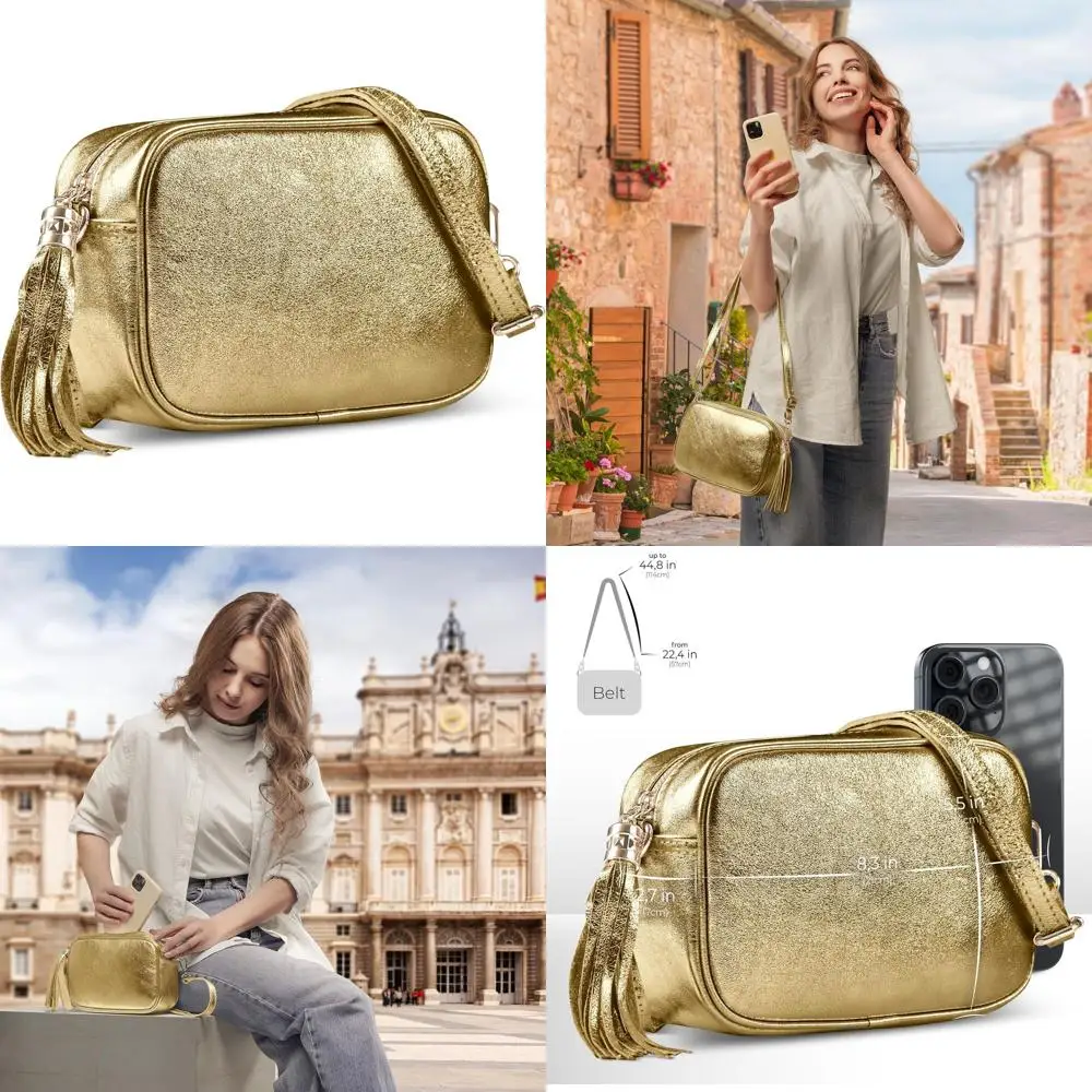 

Женская кожаная сумка через плечо металлик с кисточкой и молнией, небольшой вечерний кошелек из телячьей кожи с гальки