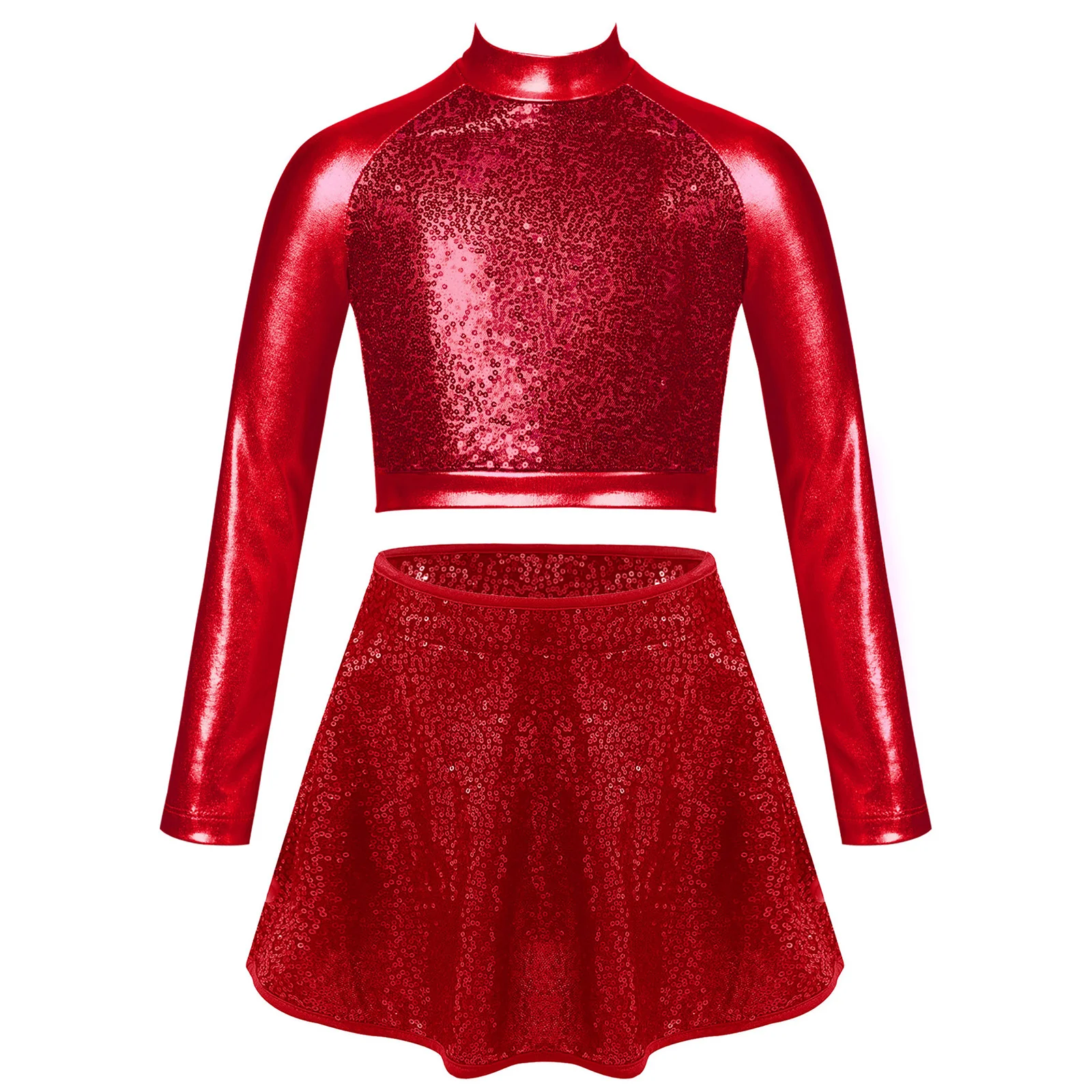 

Girls Jazz Latin Modern Dance Show Costume 2pcs Long Sleeve Sequin Crop Top with Tutu Skirts Roller Skating Set Cheer Dancewear