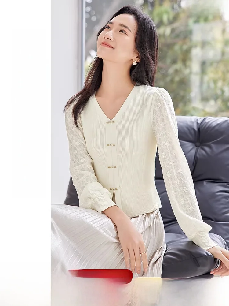 

Женский трикотажный топ с V-образным вырезом и длинными рукавами, облегающий, с рукавами-фонариками, для повседневной носки, весенняя новинка, модный женский стиль