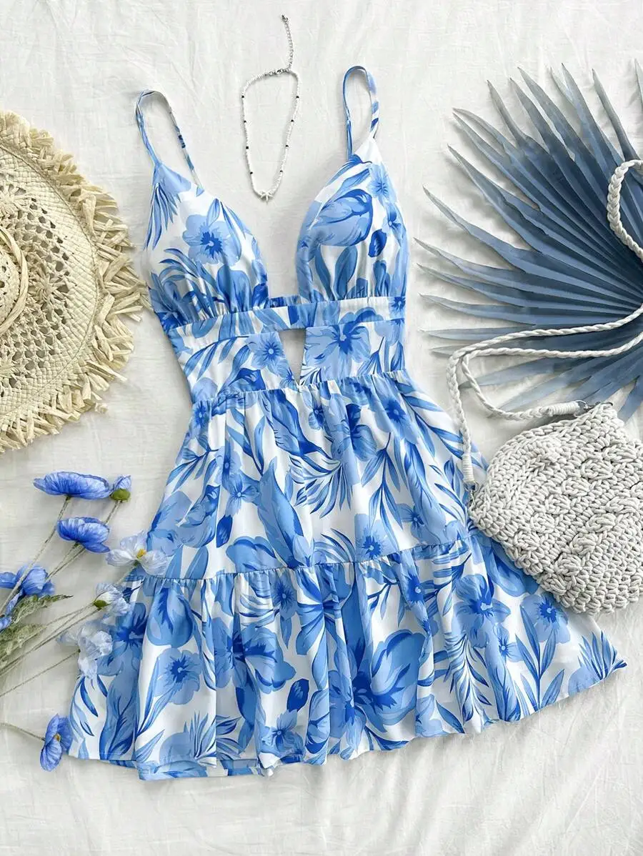

Blue Floral Print V-Neck Spaghetti Strap Tiered Mini Dress
