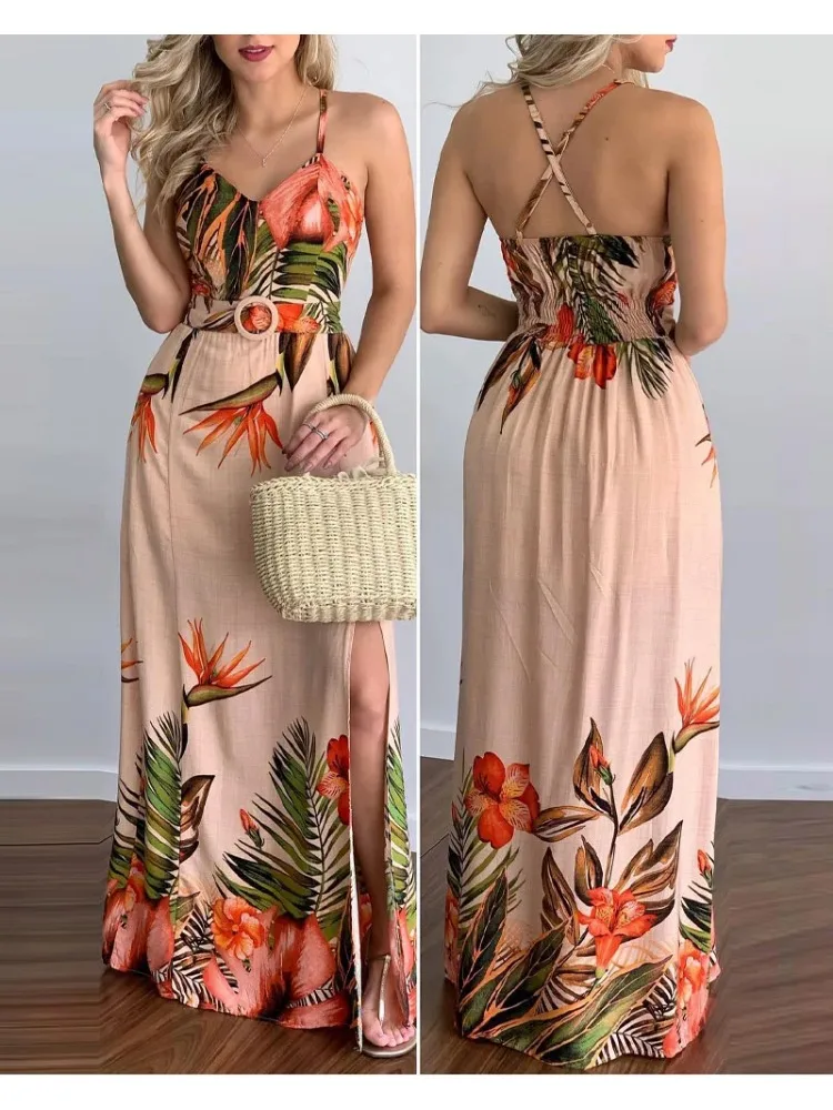 Summer Boho Dress Women Elegant Sexy Spaghetti Straps Criss Cross Folds Maxi Dress High Silt Sexy A-line Vacation Dresses Beach