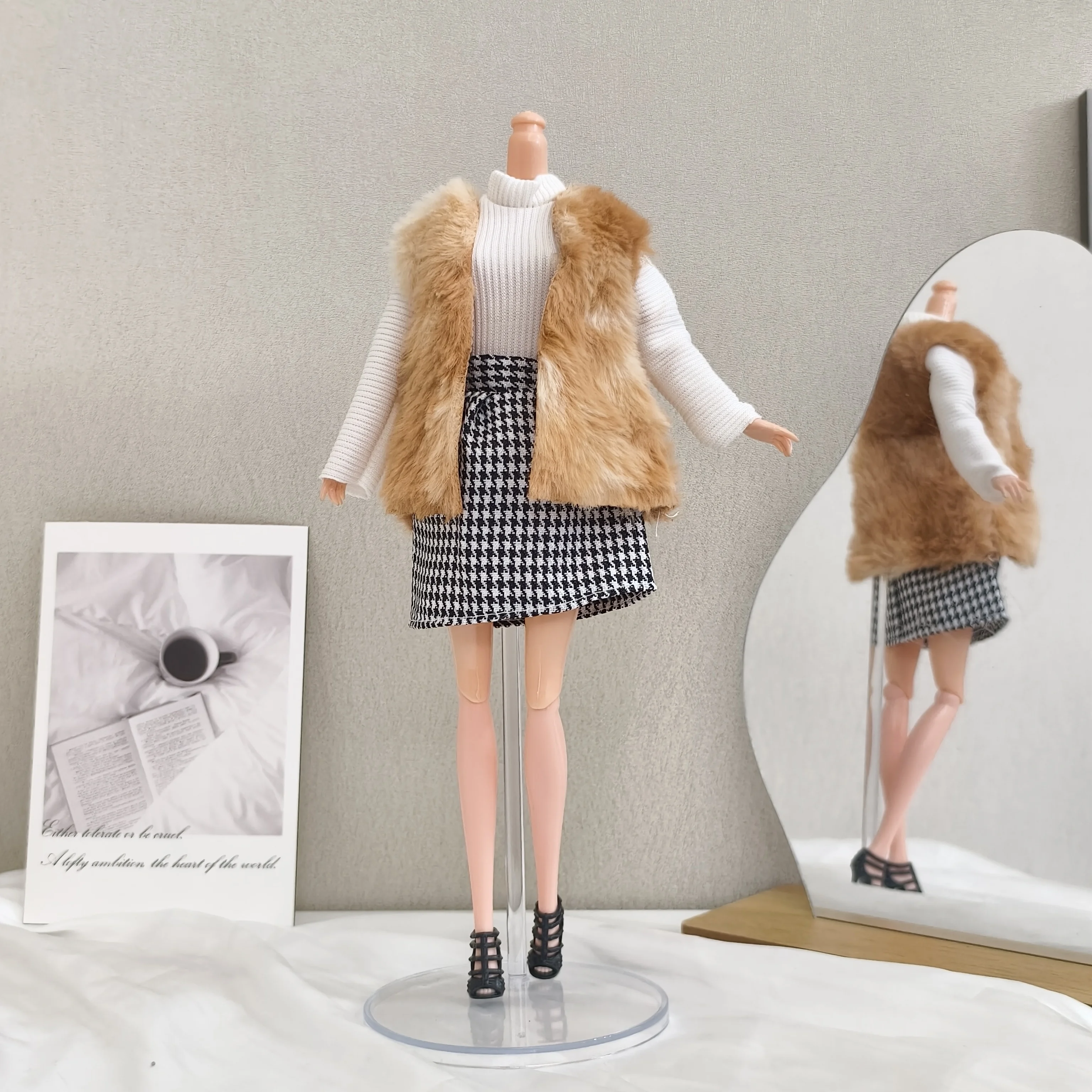Winter Fashion Plush Waistcoat+Elegant Checked Dress+Shoes Set For 1/6 Babi Xianxian Supermodel Doll Dress Up Clothes Parts
