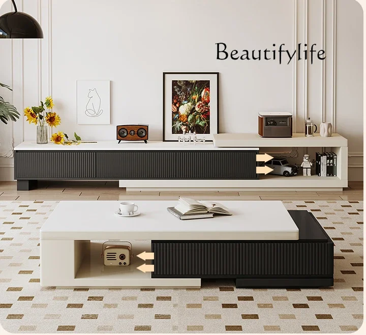 Coffee Table Living Room Stone Plate Light Luxury High-Grade Cream Style Minimalist Designer Retractable Square Black and White