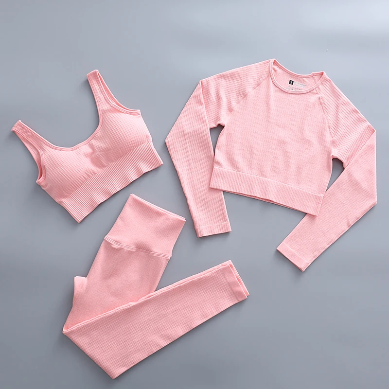 2/3/4PCS Yoga Set For Women Seamless Workout Gym Wear Fitness Sports Clothes Suits High Waist Leggings Long Sleeve Crop Top