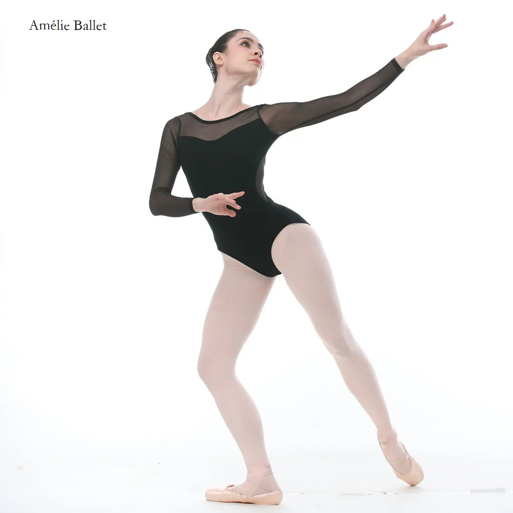 Justaucorps de danse à manches longues pour femmes, vêtements d'entraînement de ballet, maille à dos bas, ballerine adulte, noir, livraison gratuite, 03D0224