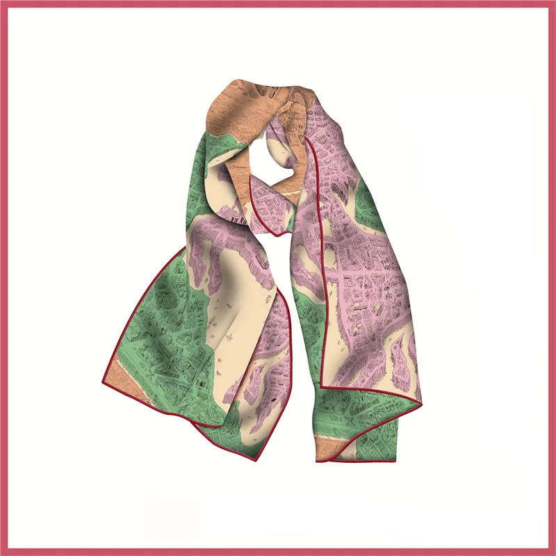 POBING Twill Silk Scarf Women Poncho Hand Rolled Horse City Printed Long Scarves Wraps Bandana Big Shawl Hijabs Female Foulards