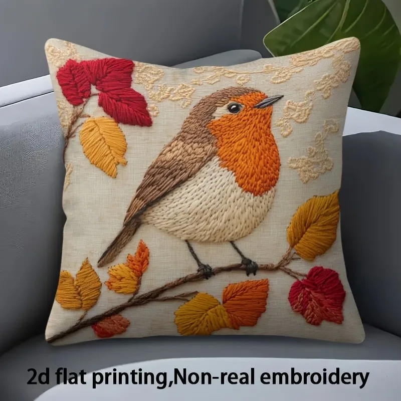 Herbstlicher Rotkehlchen-Vogel-Kissenbezug mit 2D-Druck, Herbstblätter, Wildtier-Motiv, Kissenhülle für Sofa, Bett, Couch, gemütliche rustikale Heimdekoration