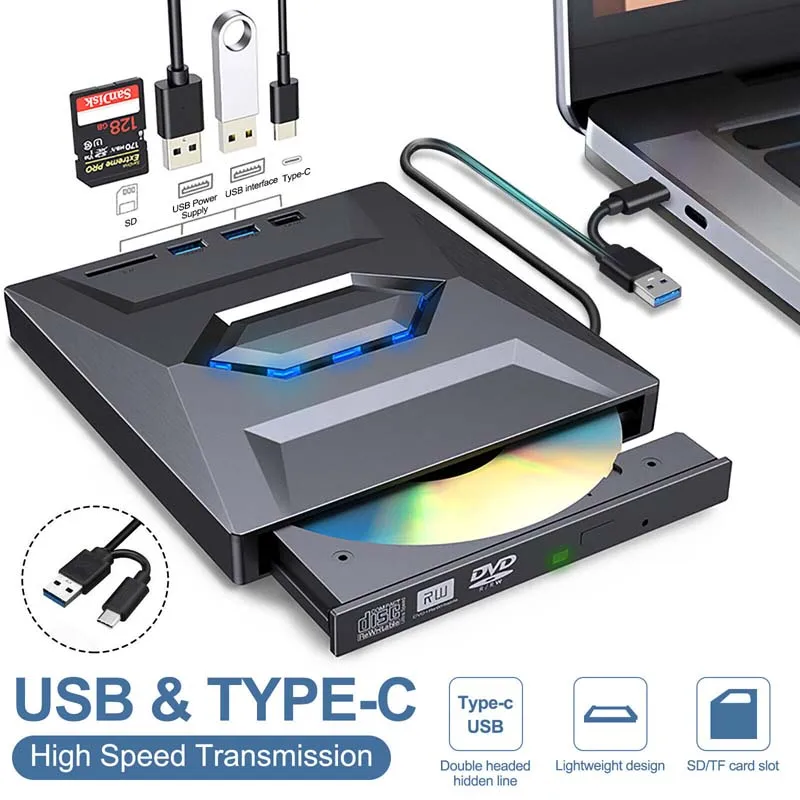 USB3.0 TYP 3-in-1 Multifunktions-Externes Mobiles Laufwerk CD-DVD-Leser und -Brenner, SD-Karten-, USB-Stick-Player, Lesegeschwindigkeit CD-ROM 24X CD-RW