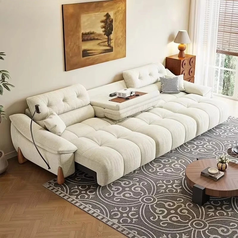 

Snow Chenille Fabric Electric Recliner Sofa Wall-Free Extendable Flip-Top Coffee Table Smart Remote-Controlled