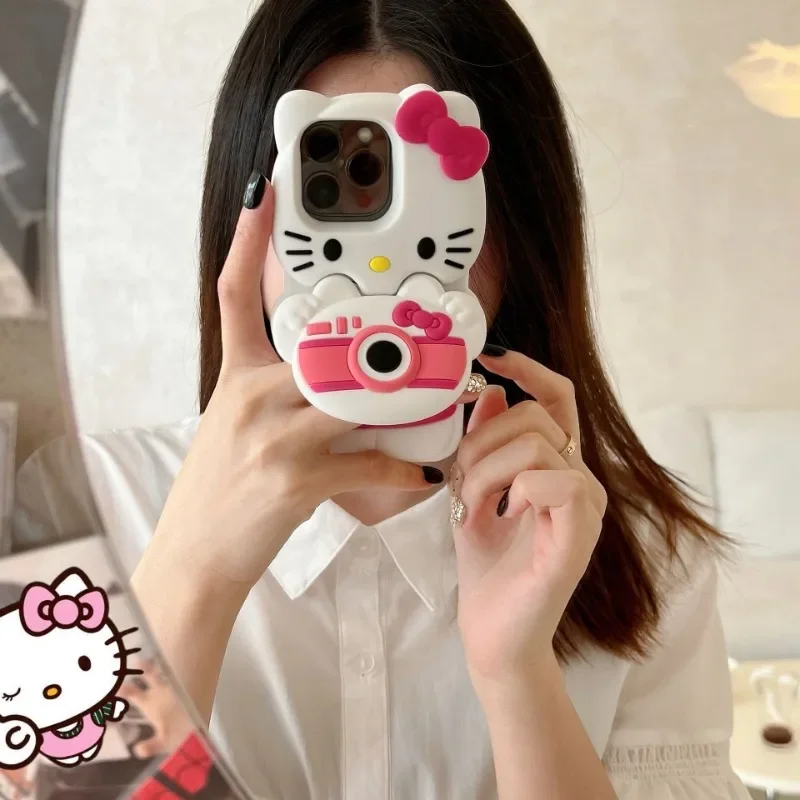 For iPhone 16 15 14 13 12 Pro Max 3D Cartoon Sanrio Hello Kitty Camera Silicone Soft Cover Kawaii Mirror Holder Anti Fall Case