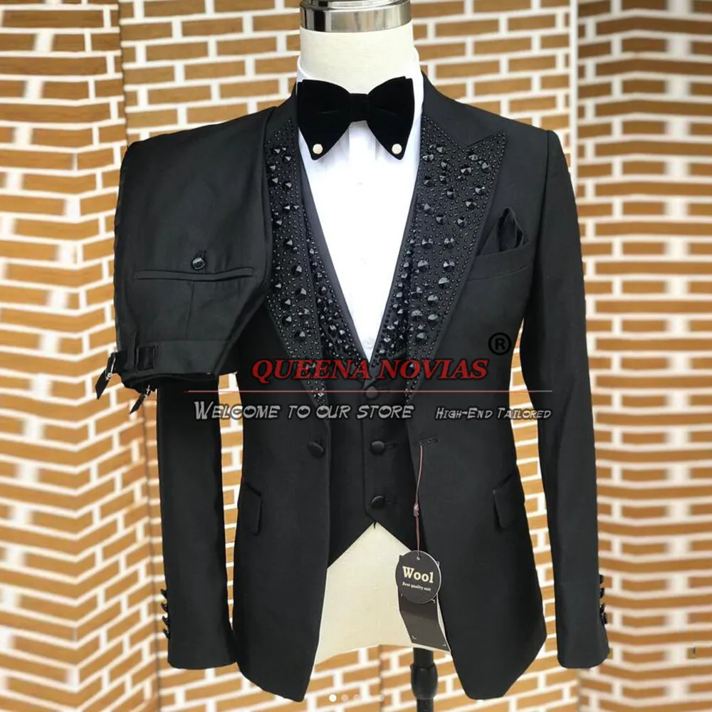 Trajes de novio negros para hombre, Blazers de baile de graduación con solapa de cuentas de piedra a medida, esmoquin de boda de moda, ropa Formal de fiesta de negocios