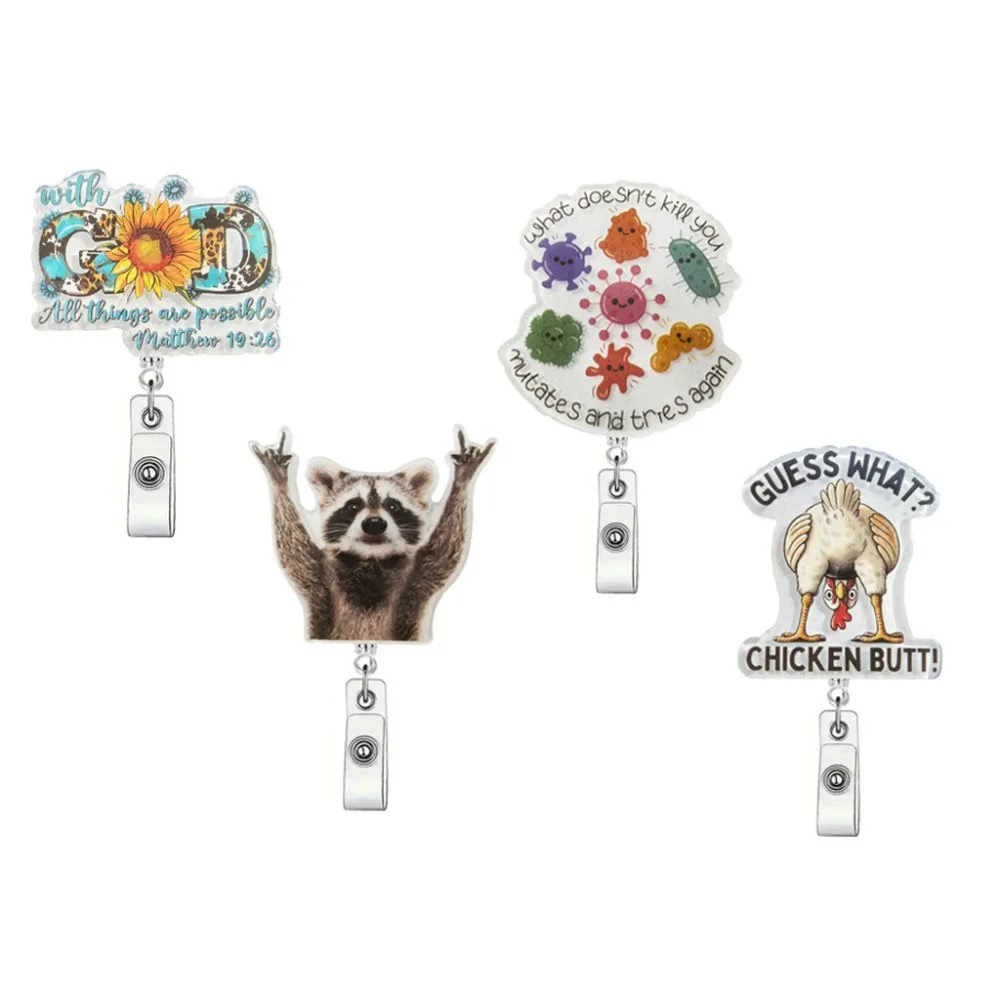 Funny Raccoon Badge Reel Retractable with Alligator Clip ID Badge Clip Acrylic Portable Badge Reel Holder