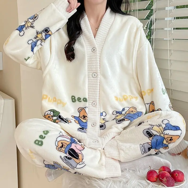 Women Flannel Confinement Clothing Winter Thick Warm Pajamas Female Outerwear Coral Velvet Nightgown Casual Loose Homewear Suit