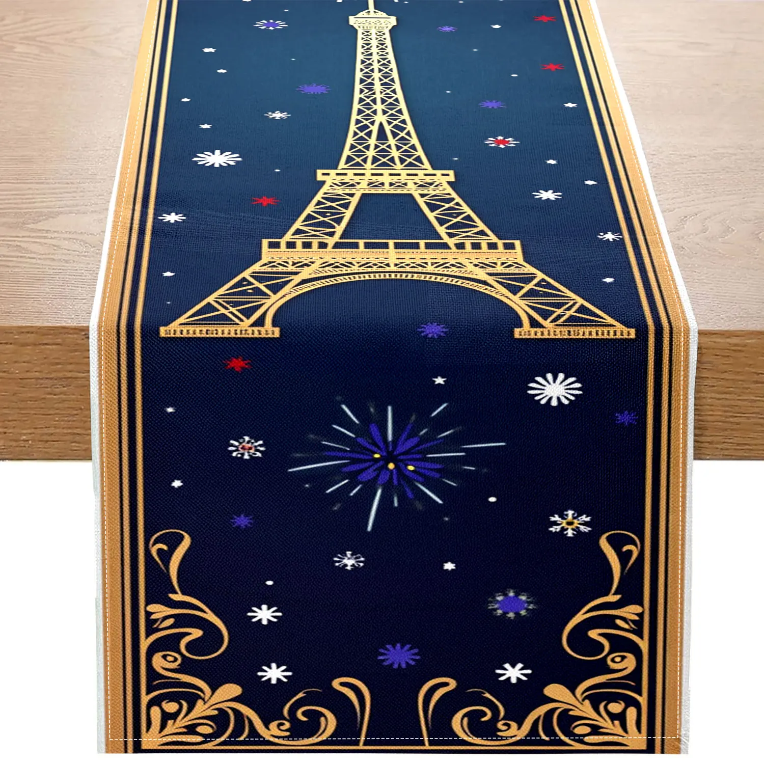 1 Piece of Paris Romantic Theme Table Runner, Dark Blue Background with Golden Eiffel Tower, Fireworks Pattern, Suitable for Romantic Party, Couple Anniversary, Paris Theme Party