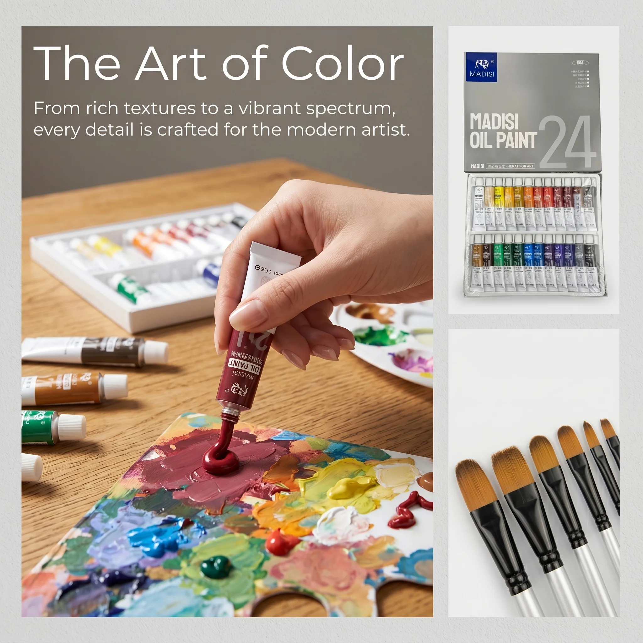 24 Color Oil Paint Set: 24 individual 12ml oil paints, 1 plastic palette and 6 multi-sized oil brushes. The colors have high saturation, enabling the creation of rich oil painting textures and coverage effects, suitable for oil painting creation.