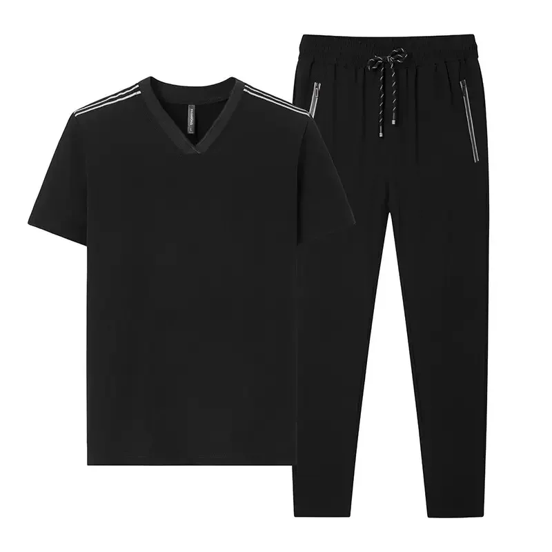 

Summer Fashion Trendy Solid Color Ice Silk Breathable Short Sleeve T-Shirt Set Men's Casual Loose Sports Plus Size Two-Piece Set