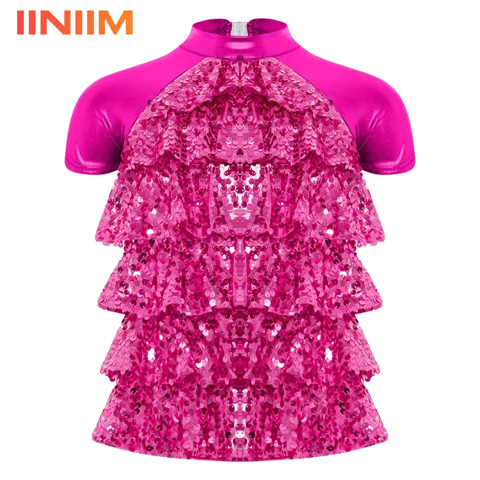Kids Girls Sequins Metallic Ballet Jazz Latin Dance Top Performance Costumes Short Sleeve Shiny Sequins Mesh Tiered Back Cut Top