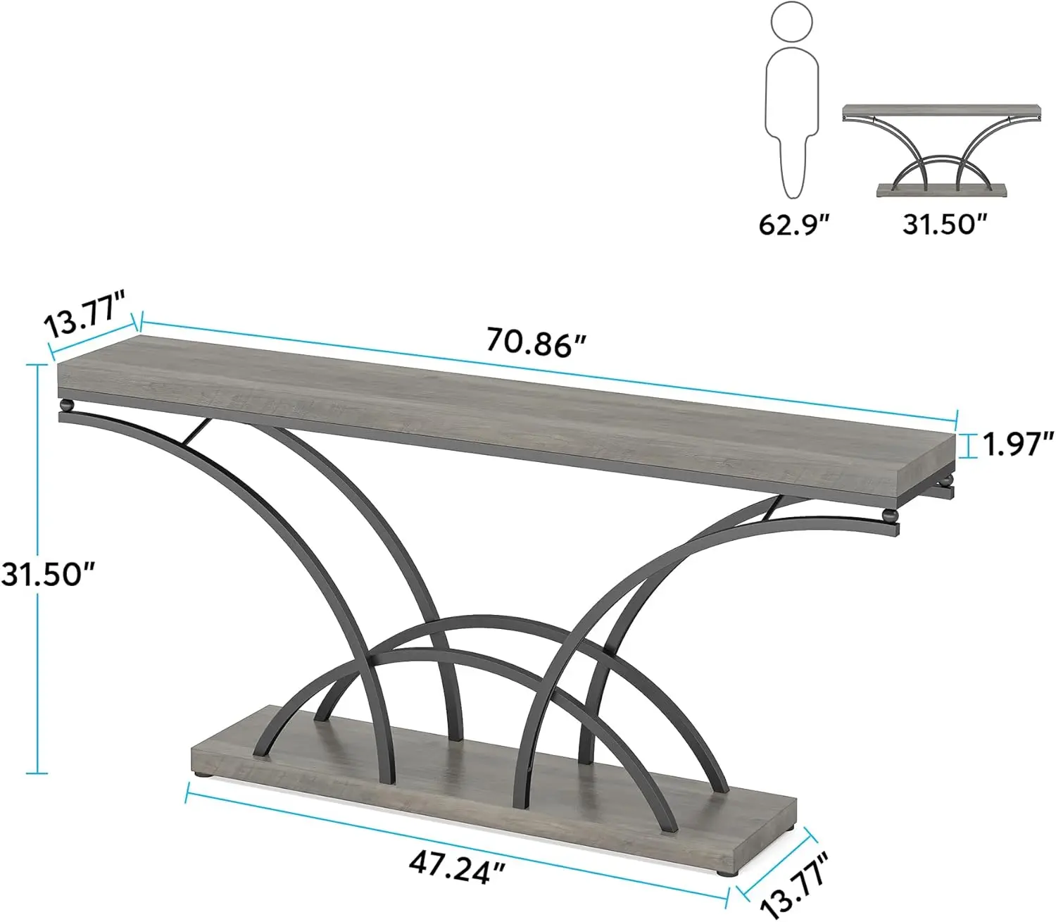 70.9 Inch Extra Long Console Table for Entryway, Gray Sofa Table Wood Tabletop, Modern Accent Tables with Half-Moon Shape Legs