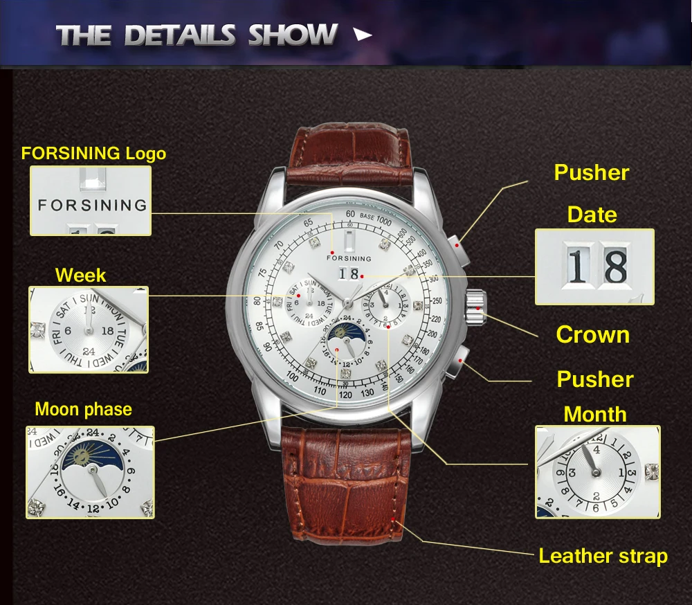 FORSINING réplica multifuncional Shanghai reloj automático de diamante para hombre mecánico resistente al agua reloj de pulsera elegante de lujo de alta gama