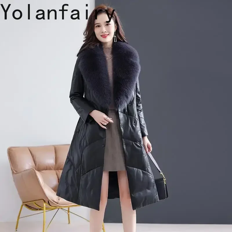 YOLANFAIRY Genuine Leather Down Jacket Women Clothes Mid-long Pure Sheepskin Jacket Belt Fashion Trench Coat Fox Fur Collar